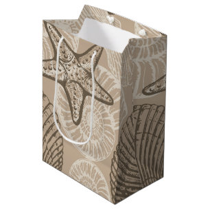 Coastal sealife starfish and shells in beige medium gift bag