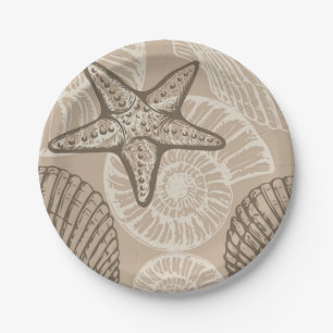 Coastal sealife starfish and shells in beige paper plate