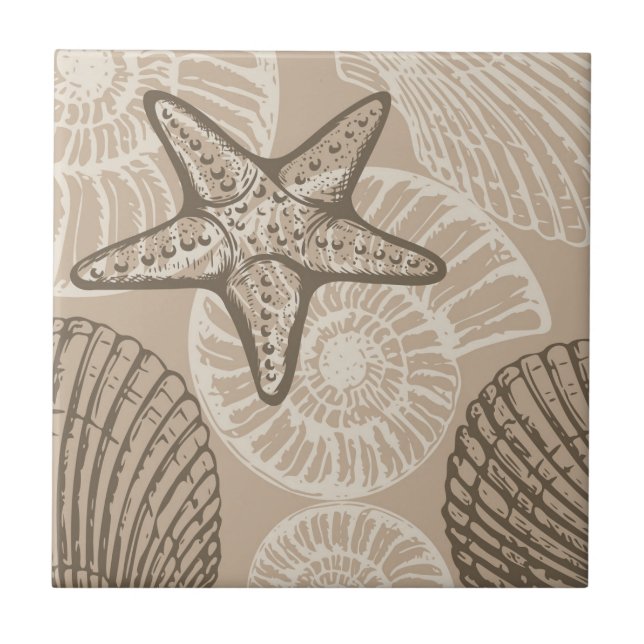 Coastal sealife starfish and shells in beige tile (Front)