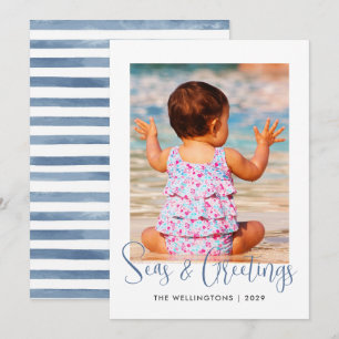 Coastal Seas and Greetings Photo Aqua Blue Striped Holiday Card