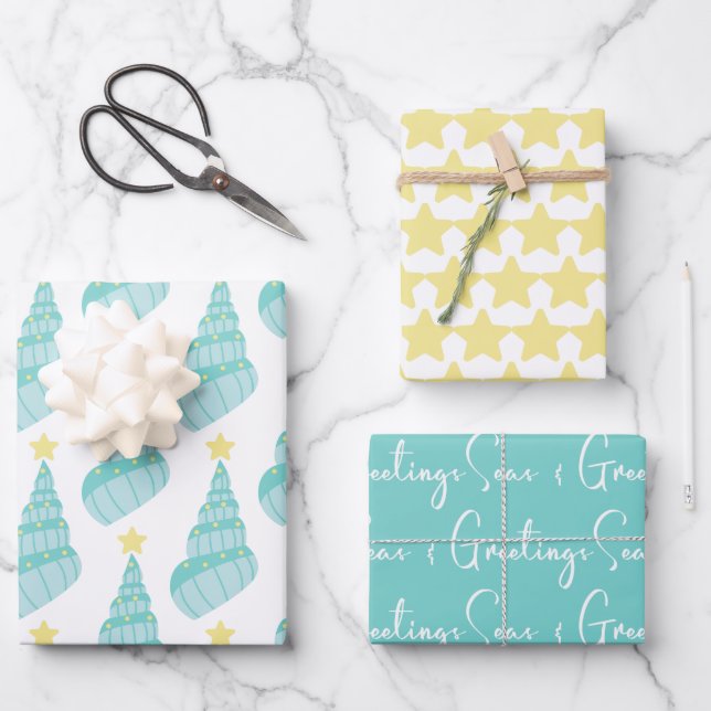 Coastal Seas and Greetings Shell Wrapping Paper Sheet (Front)