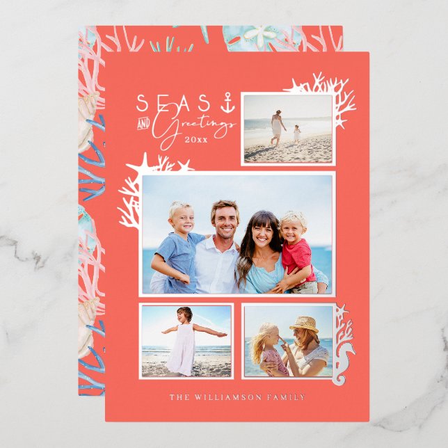 Coastal Seas & Greetings Coral Ocean Photo Frame Foil Holiday Card (Front/Back)