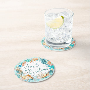 Coastal SEAS & GREETINGS Seahorse Shells Round Paper Coaster