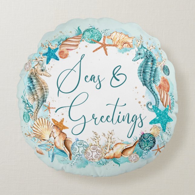 Coastal SEAS & GREETINGS Seahorse Shells Round Pillow (Front)
