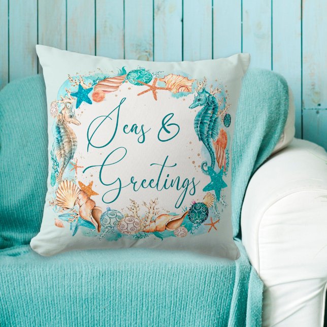 Coastal SEAS & GREETINGS Seahorse Shells Throw Pillow (Creator Uploaded)