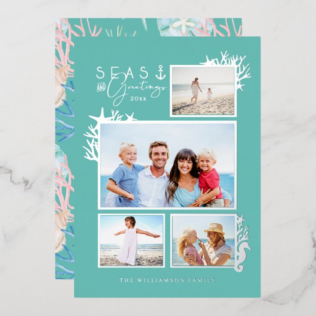 Coastal Seas & Greetings Teal Ocean Photo Frame Foil Holiday Card (Front/Back)