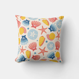 Coastal Seashell and Starfish Pattern Throw Pillow
