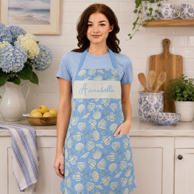 Coastal Seashell Beach Cottage Blue Monogram Apron (Creator Uploaded)