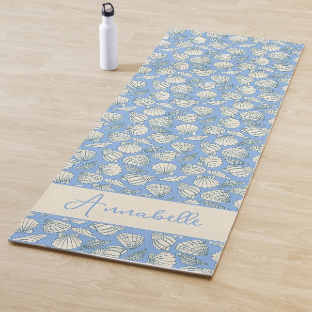 Coastal Seashell Beach Cottage Blue Yoga Mat (In Situ)