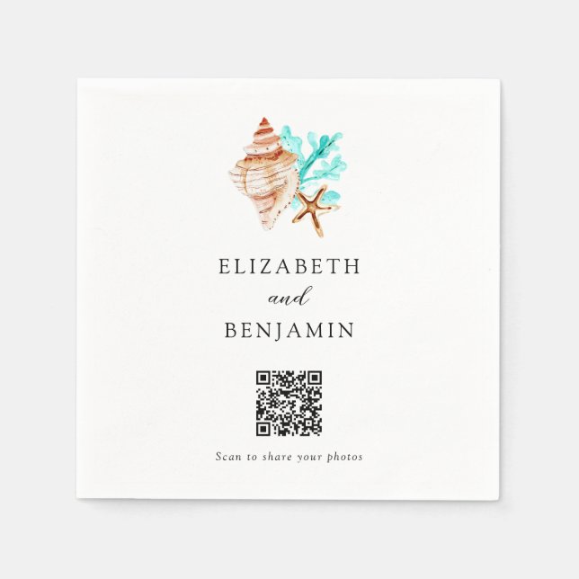Coastal Seashell Beach Wedding QR Code Share Photo Napkin (Front)