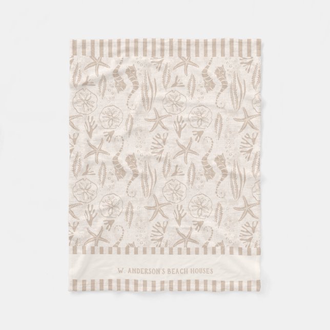 Coastal Seashell Beige Hand-Drawn Nautical Fleece Blanket (Front)