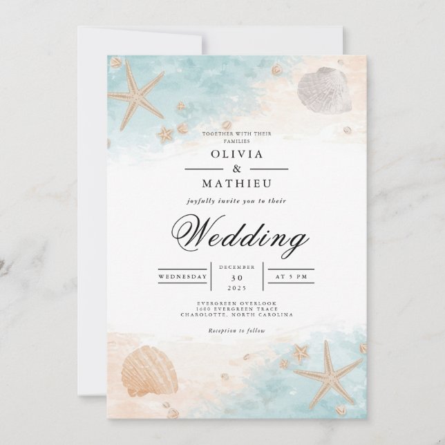 Coastal Seashell Bloom Wedding Invitation (Front)