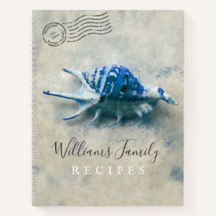 Coastal Seashell Blue Monogrammed Family Recipes Notebook