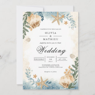 Coastal Seashell Botanical Wedding Invitation