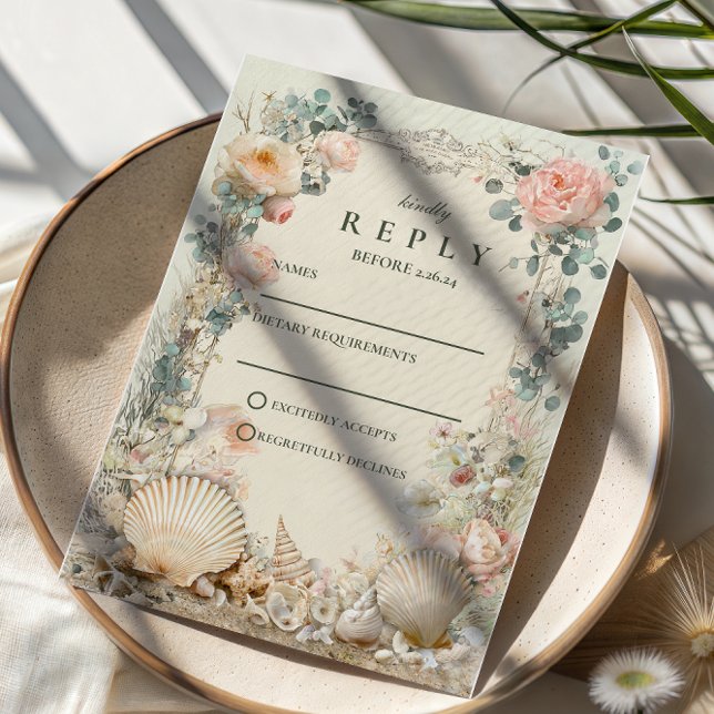Coastal Seashell Botanical Wedding RSVP Card (Creator Uploaded)