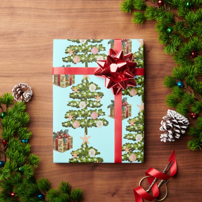 Coastal Seashell Christmas Trees Wrapping Paper (Holiday Gift)