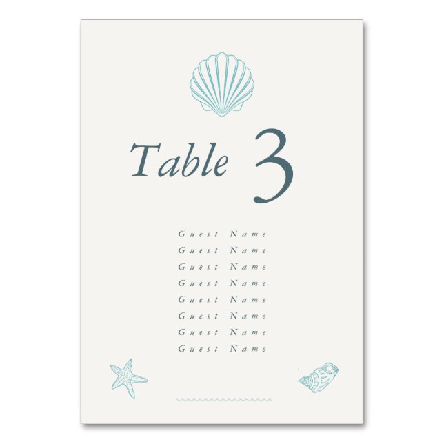 Coastal Seashell Elegant Wedding Table Number (Front)