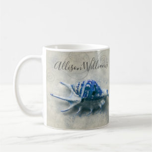 Coastal Seashell Indigo Blue Monogrammed Name Coffee Mug
