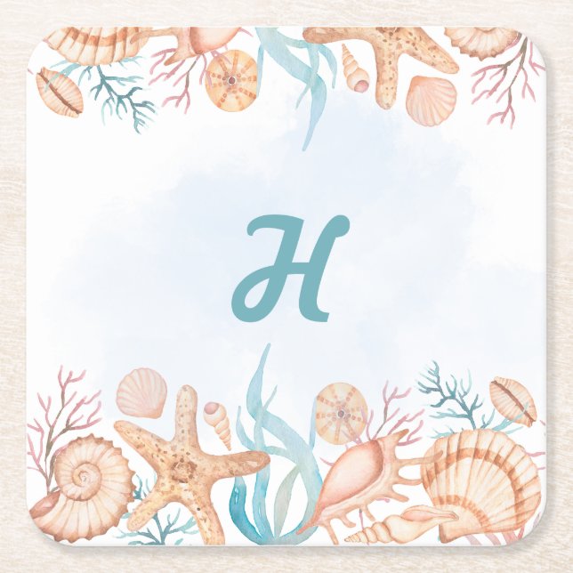 Coastal Seashell Monogram Letter H Drinks Coaster (Front)
