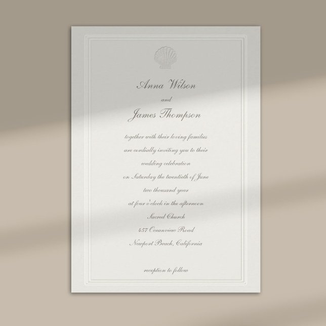 Coastal Seashell Nautical Ecru Formal Wedding Invitation (nautical coastal wedding invitation modern classic formal traditional elegant shell ecru frame)