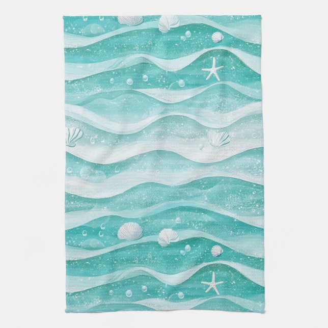 Coastal Seashell Ocean Wave Pattern Kitchen Towel (Vertical)