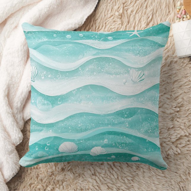 Coastal Seashell Ocean Wave Pattern Throw Pillow (Blanket)