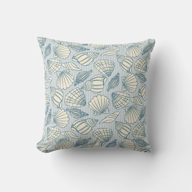 Coastal Seashell Pattern Throw Pillow (Blue & Sand (Front)
