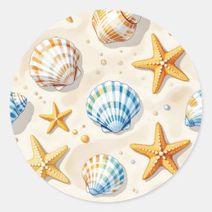 Coastal Seashell Starfish Beach Pattern Classic Round Sticker