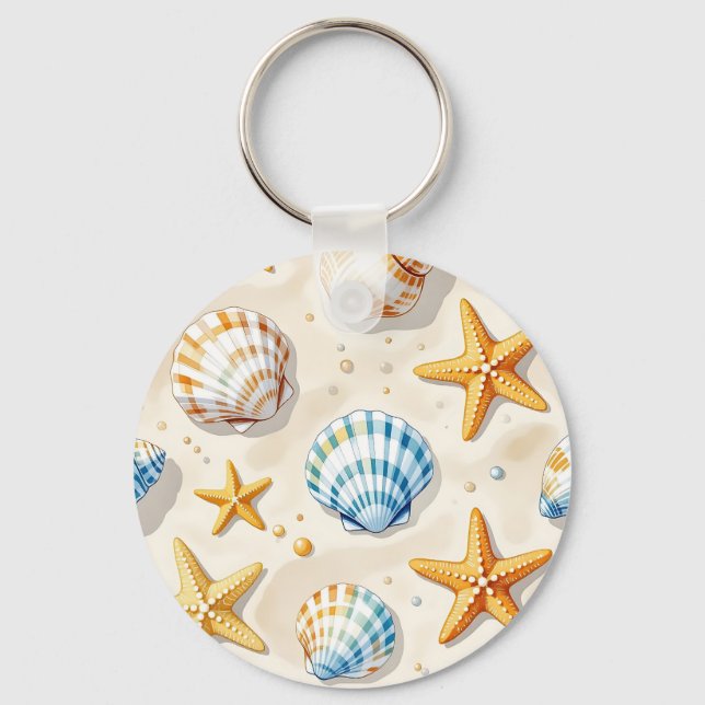 Coastal Seashell Starfish Beach Pattern Keychain (Front)