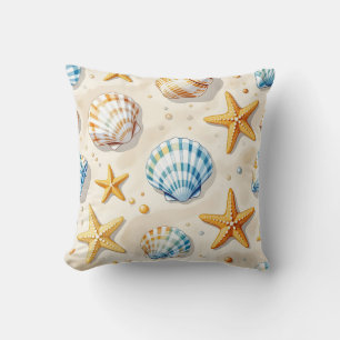 Coastal Seashell Starfish Beach Pattern Throw Pillow