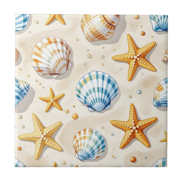 Coastal Seashell Starfish Beach Pattern Tile (Front)