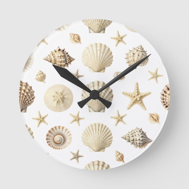 Coastal Seashell Starfish Seamless Pattern Round Clock (Front)