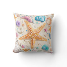 Coastal Seashell Starfish Throw Pillow