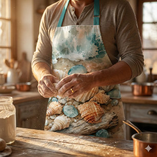 Coastal Seashell Watercolor Driftwood Scene Apron