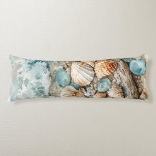 Coastal Seashell Watercolor Driftwood Scene Body Pillow