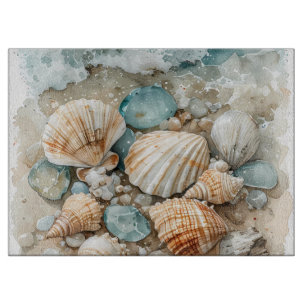 Coastal Seashell Watercolor Driftwood Scene Cutting Board