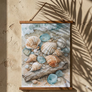 Coastal Seashell Watercolor Driftwood Scene Hanging Tapestry