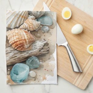 Coastal Seashell Watercolor Driftwood Scene Kitchen Towel