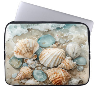 Coastal Seashell Watercolor Driftwood Scene Laptop Sleeve