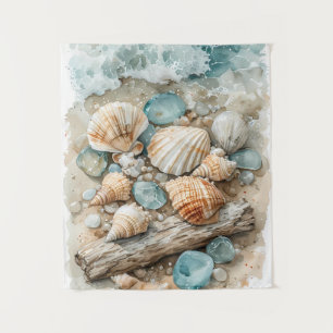 Coastal Seashell Watercolor Driftwood Scene Tapestry