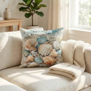 Coastal Seashell Watercolor Driftwood Scene Throw Pillow