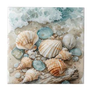 Coastal Seashell Watercolor Driftwood Scene Tile