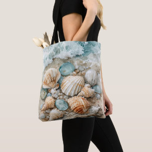 Coastal Seashell Watercolor Driftwood Scene Tote Bag
