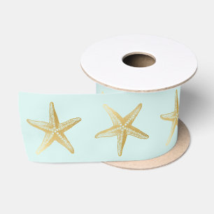 Coastal Seashell Wedding Aqua Blue Gold Starfish Satin Ribbon