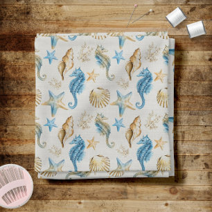 Coastal Seashells Seahorses and Starfish Pattern Fabric