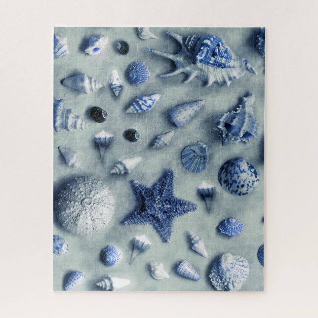 Coastal Seashells Starfish Beach Indigo Blue Jigsaw Puzzle (Vertical)