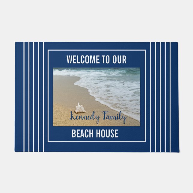 Coastal Seaside Family Beach House Blue Welcome   Doormat (Front)