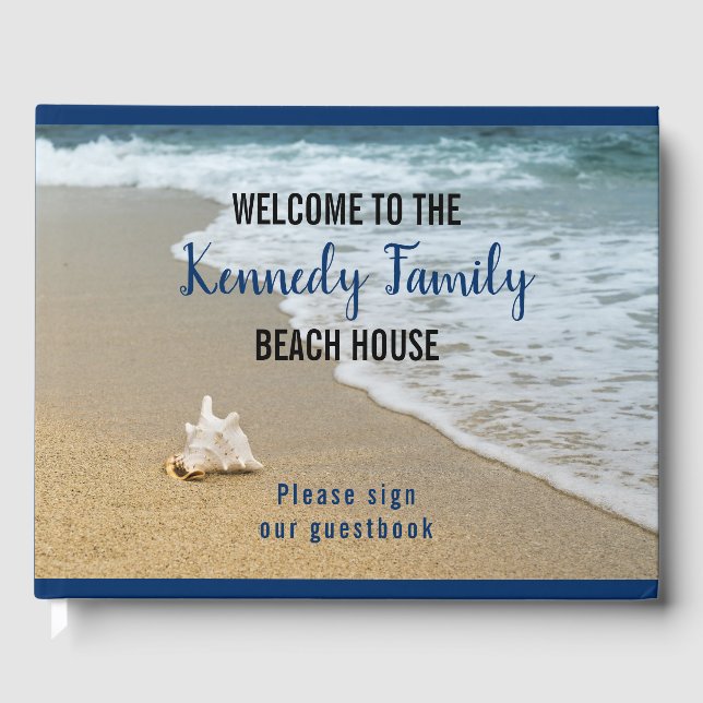 Coastal Seaside Family Beach House Blue Welcome   Guest Book (Front)