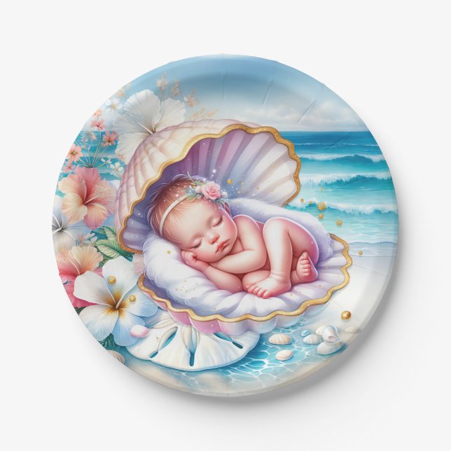 Coastal Seaside Girl's Baby Shower Ocean Themed  Paper Plate (Front)