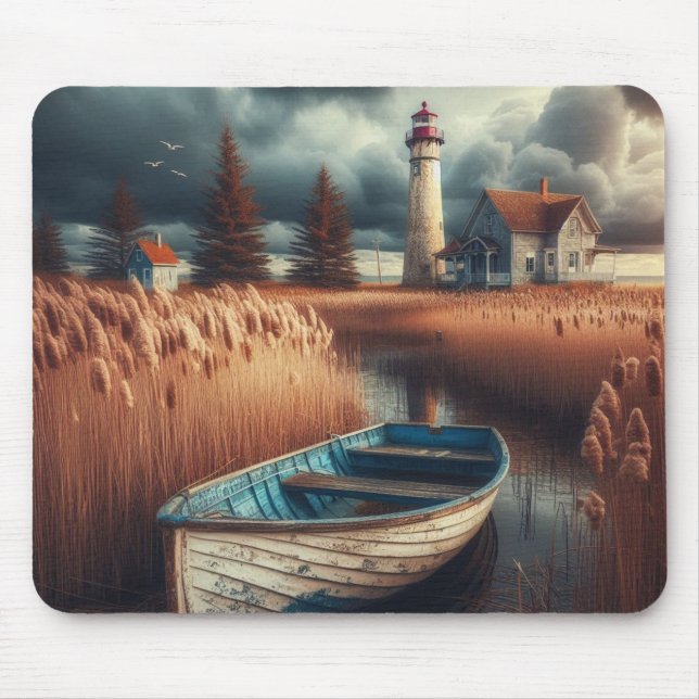 Coastal Serenity: Lighthouse and Rowboat Mouse Pad (Front)